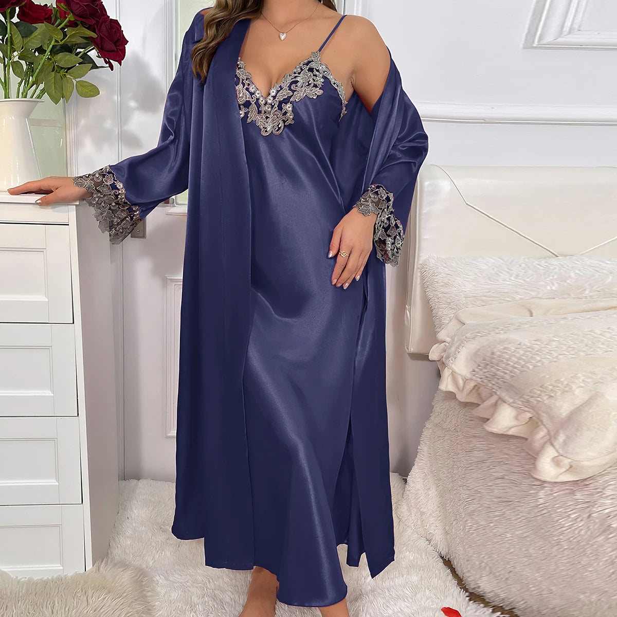 2cs Contraste de encaje de manga larga con cinturón bata con cuello en V vestido deslizante Sexy elegante conjuntos de pijamas para mujer