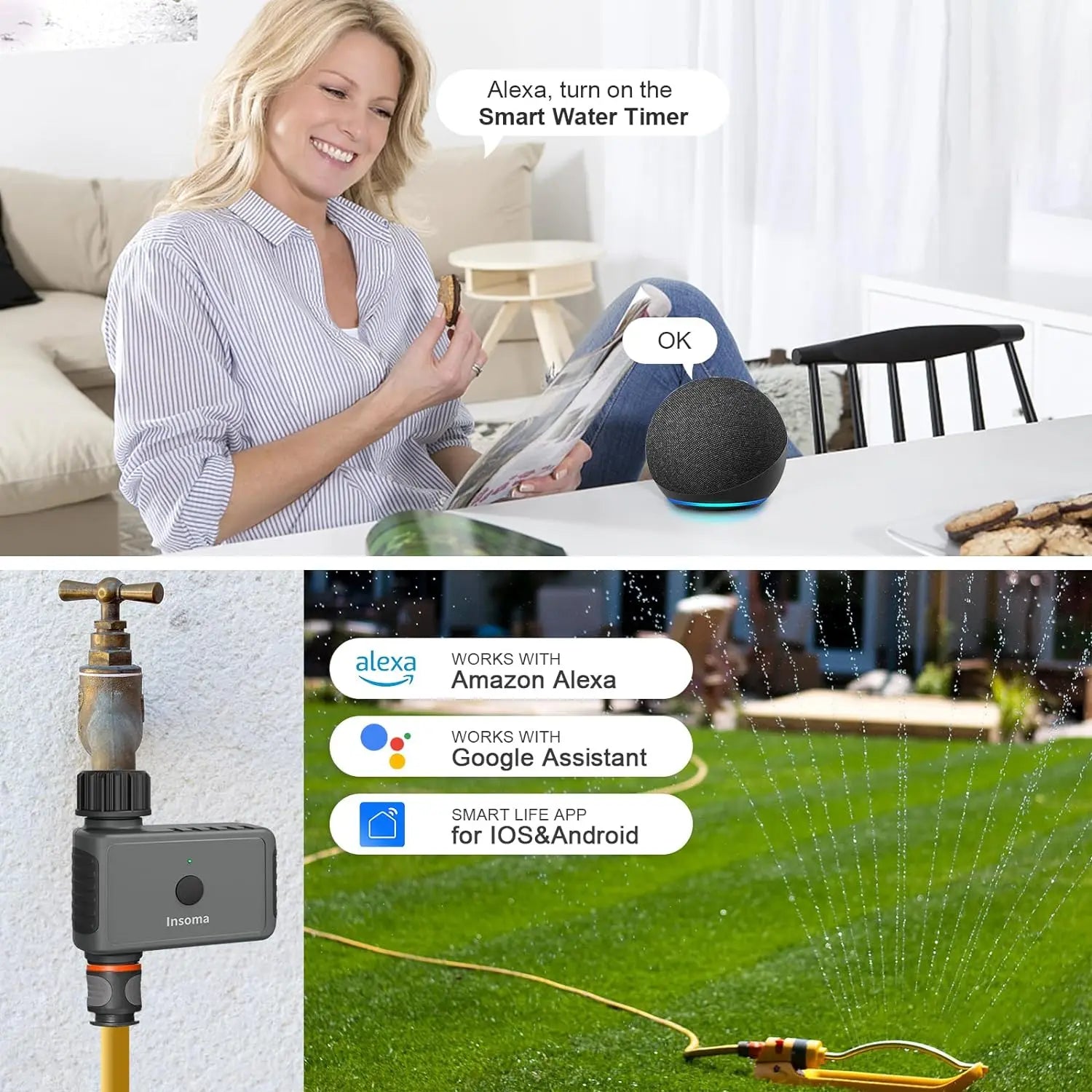 Insoma Wifi temporizador automático de aspersión temporizador remoto de agua de jardín sistema de riego inteligente unidad de Control de manguera compatible con Alexa