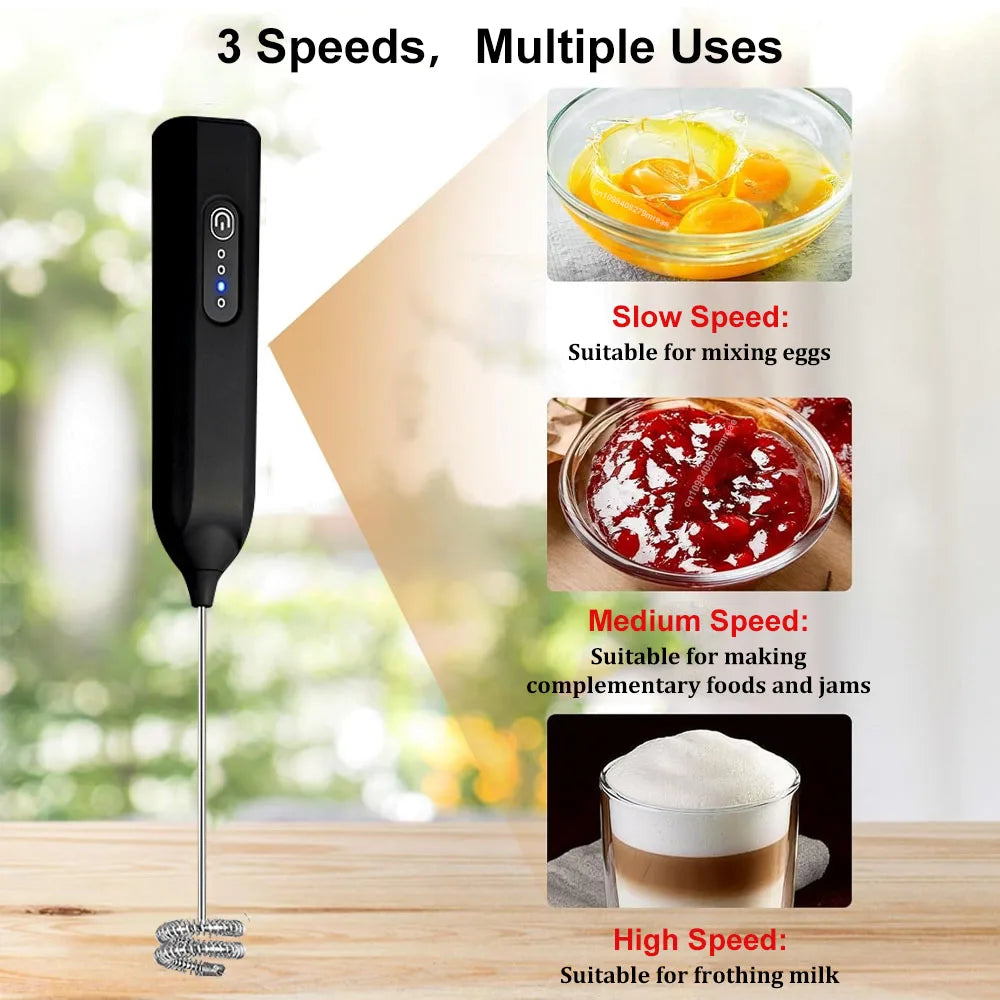 Espumador de leche inalámbrico USB recargable 3 velocidades para café