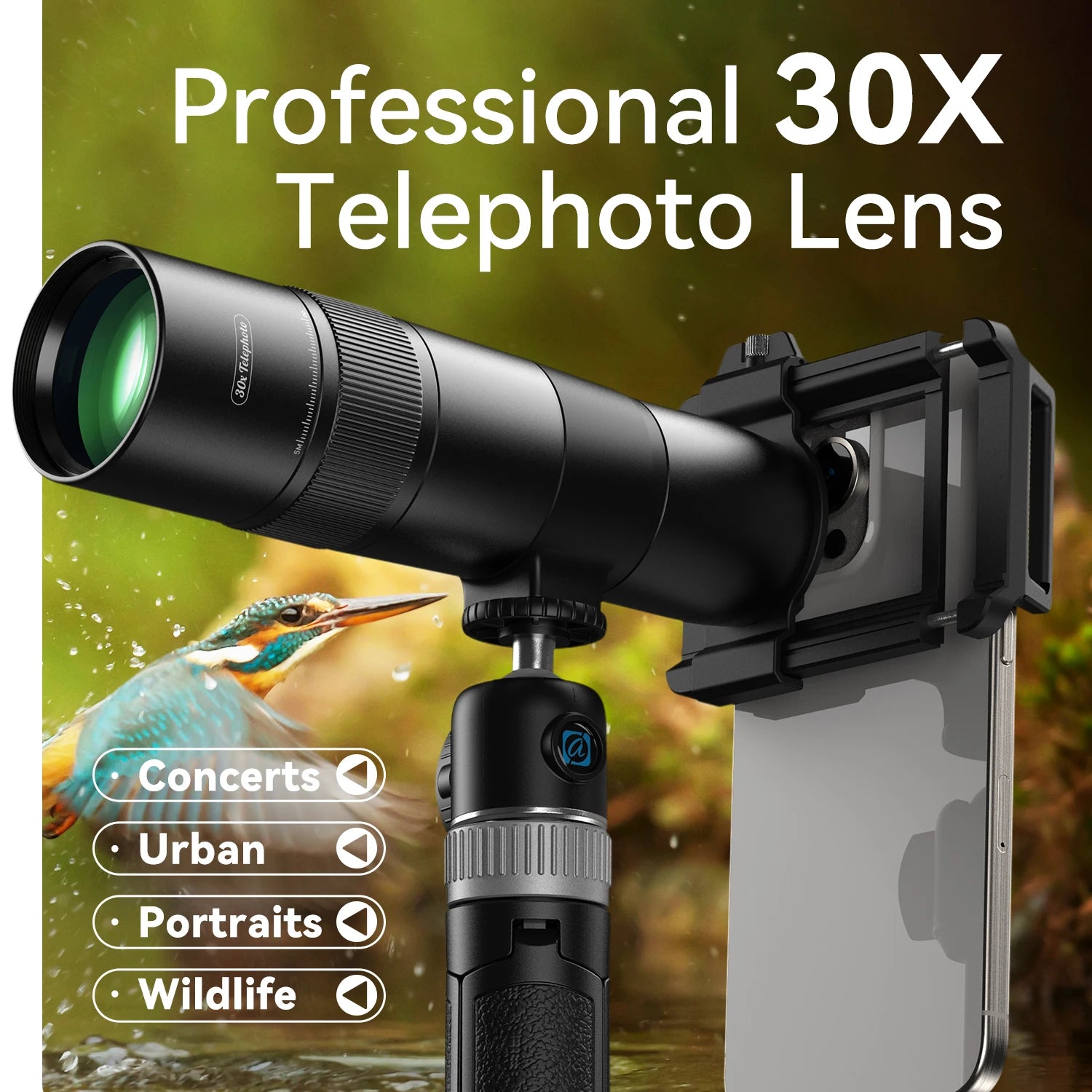 Lente Teleobjetivo Monocular APEXEL 30x para Smartphone con Trípode