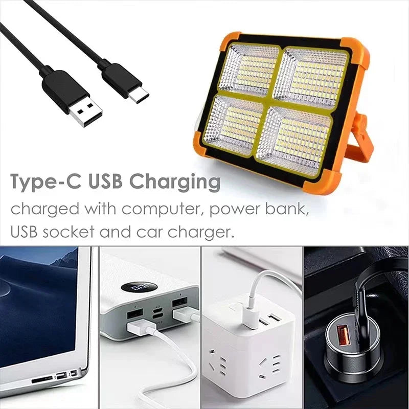 Lámpara de Trabajo Recargable, Reflector LED Solar Portátil con Puerto USB/Magnético/5 Modos de Iluminación, Lámpara de Emergencia para Sitio de Trabajo