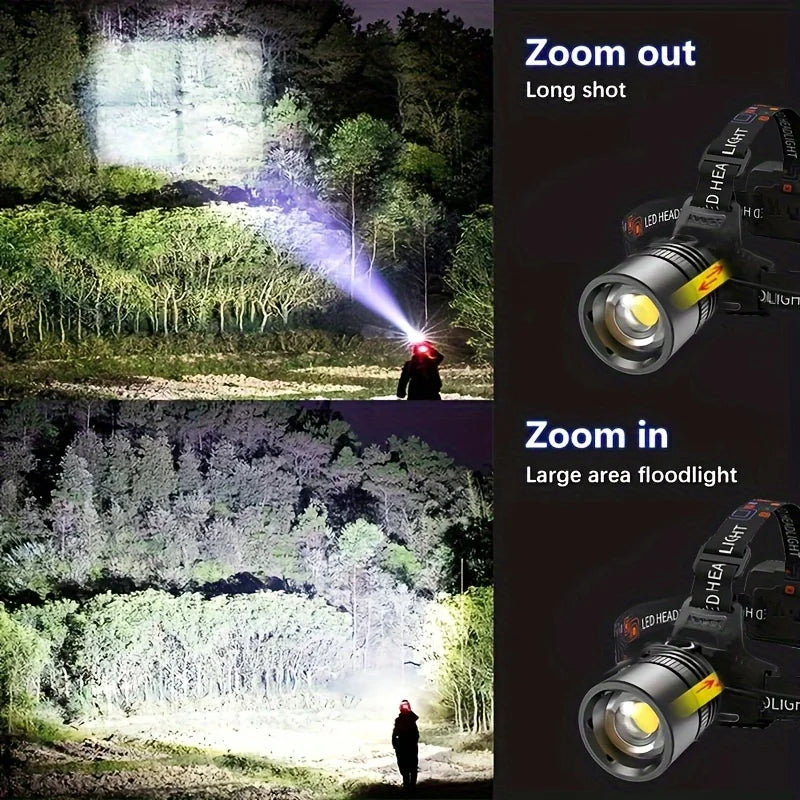 Linterna Frontal LED Recargable de Aluminio con Zoom, para Camping y Pesca