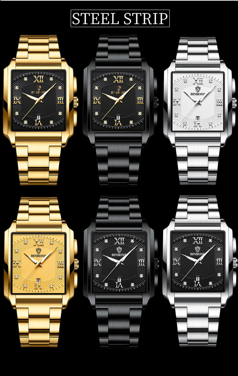 Reloj de Cuarzo Analógico de Lujo BINBOND para Hombre Esfera Cuadrada