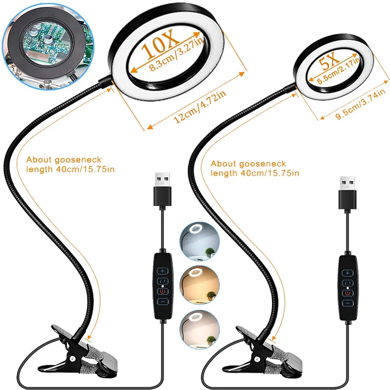 Lupa 5/10X con lámpara de lupa 28/56LED 3 modos de color 10 atenuador de brillo 360 °   Luces flexibles con cuello de cisne (sin adaptador)