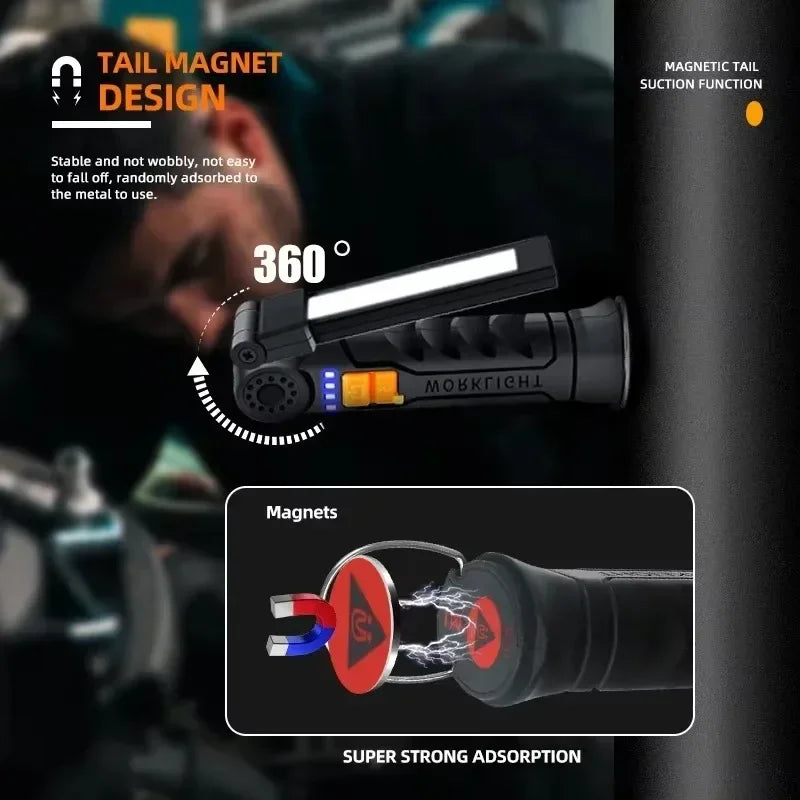 Linterna LED COB Portátil Magnética Recargable para Camping