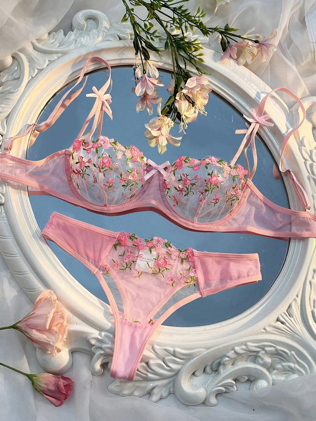 Conjunto de Sujetador y Braguitas con Bordado Floral para Mujer