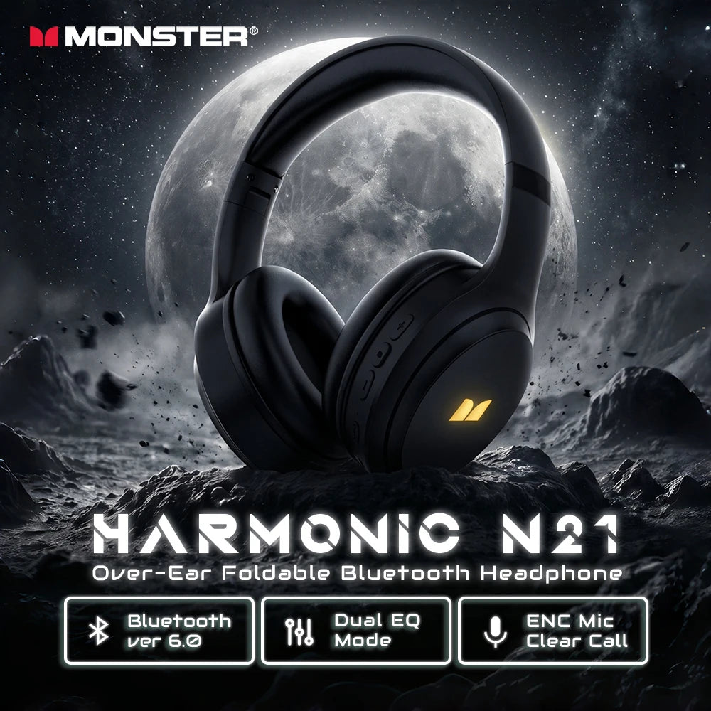 Auriculares Bluetooth 6.0 Monster Harmonic N21 con Modo EQ Dual, Sonido Estéreo Envolvente, Plegables, con Cable/Inalámbricos