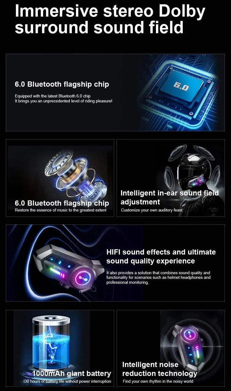 Auriculares Bluetooth para Casco de Motocicleta X3 Pro, Intercomunicador para 2 Motociclistas, 1000M, BT6.0, IPX6, Resistente al Agua, Asistente de Voz, Reducción de Ruido, Radio FM