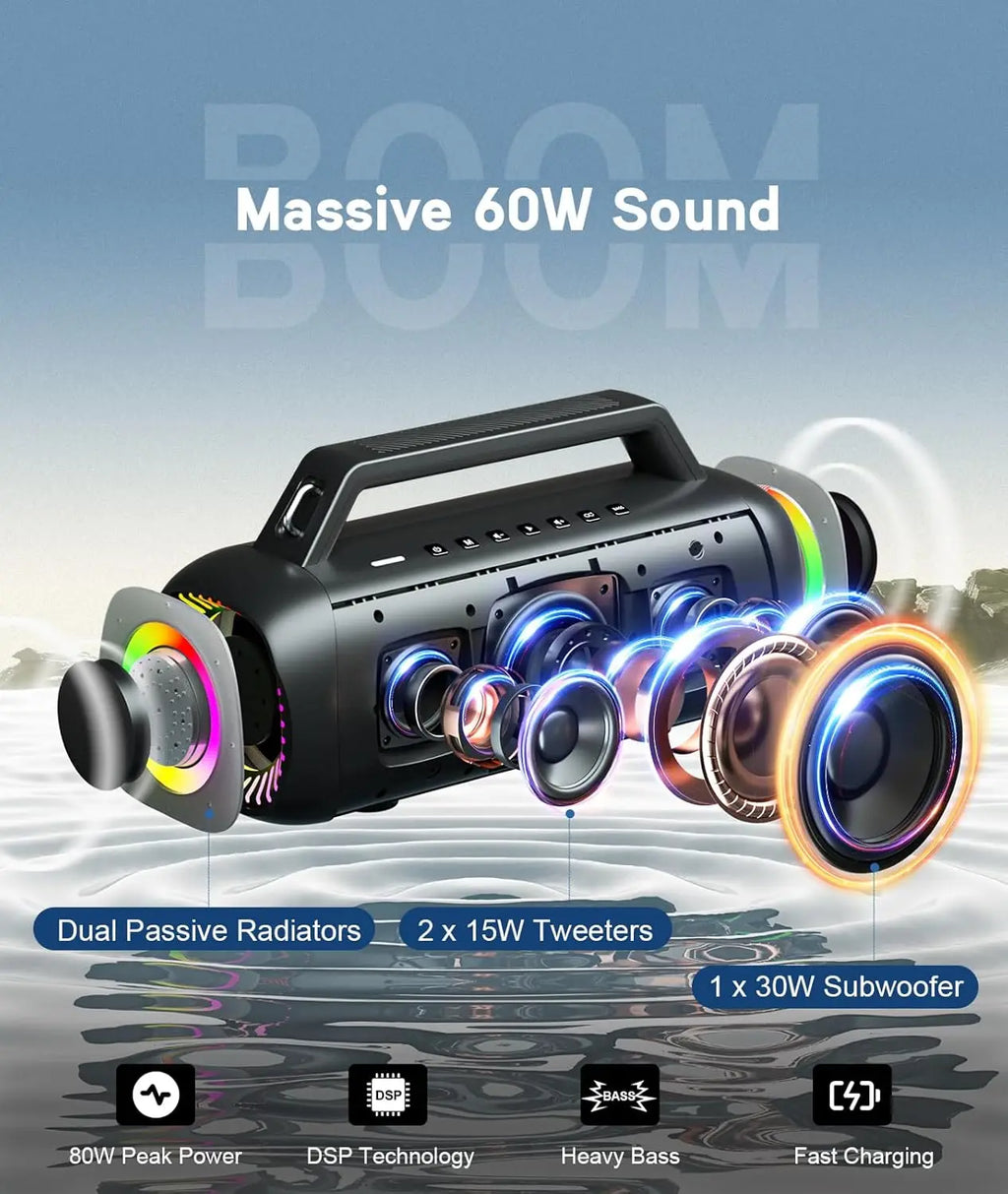Altavoces Ortizan de 60W (80W de Pico) Inalámbricos Bluetooth con Bajos Potentes, Altavoces Subwoofer Grandes Inalámbricos Bluetooth 5.3 con Banco de Energía