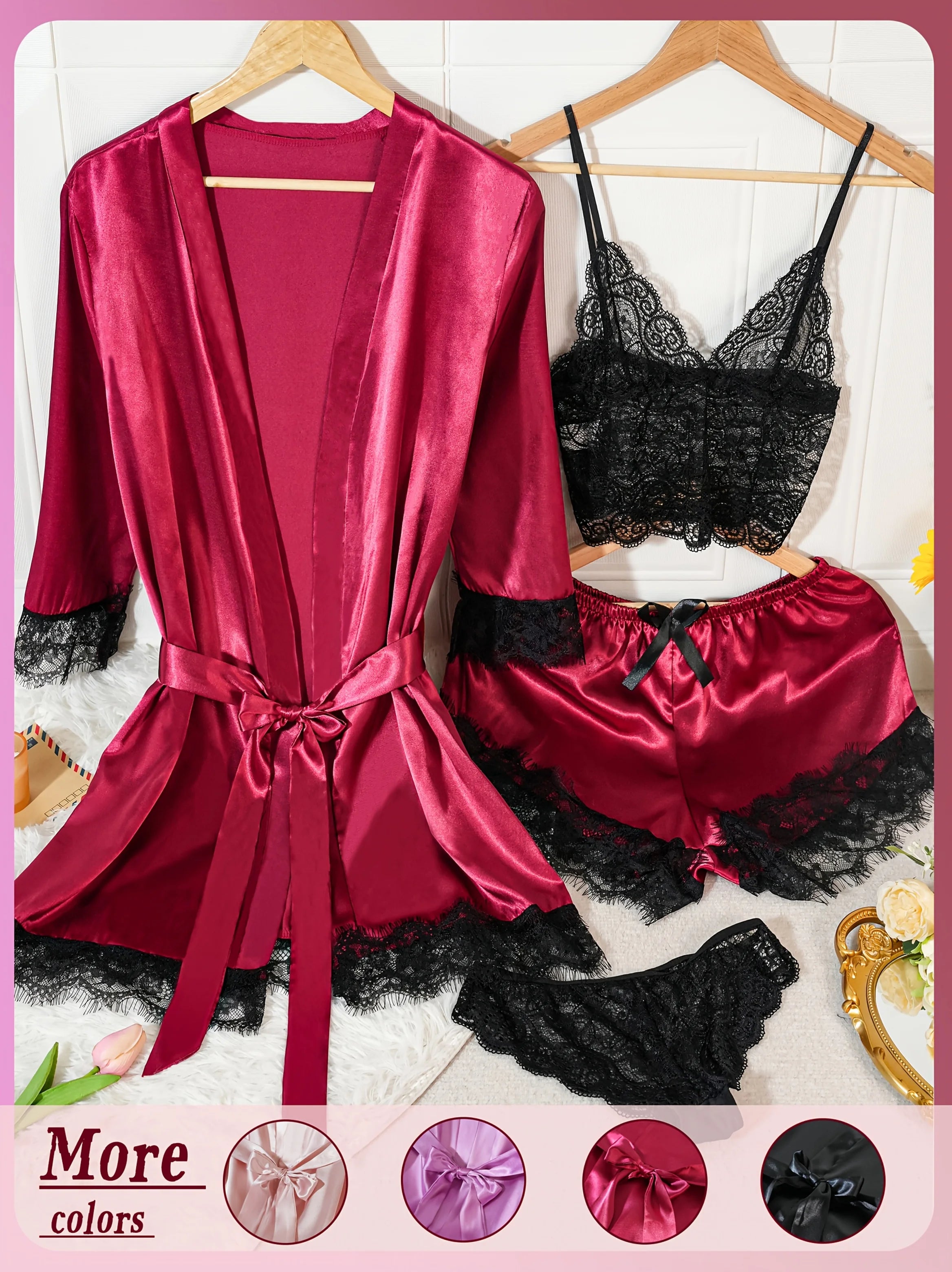 Conjunto de Pijama de Satén para Mujer 4 Piezas con Bata y Encaje