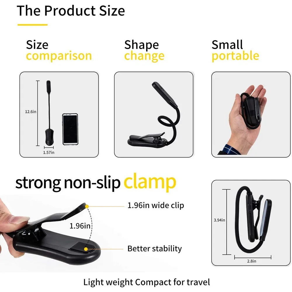 Luz de Lectura LED Clip Recargable USB 3 Niveles