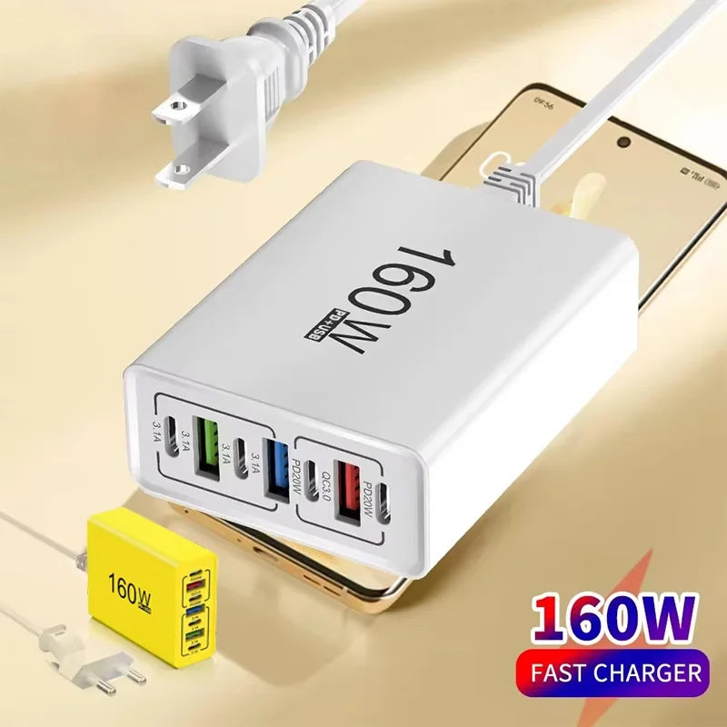 Cargador Rápido 160W 7 Puertos USB y USB-C, QC3.0, Pared Universal