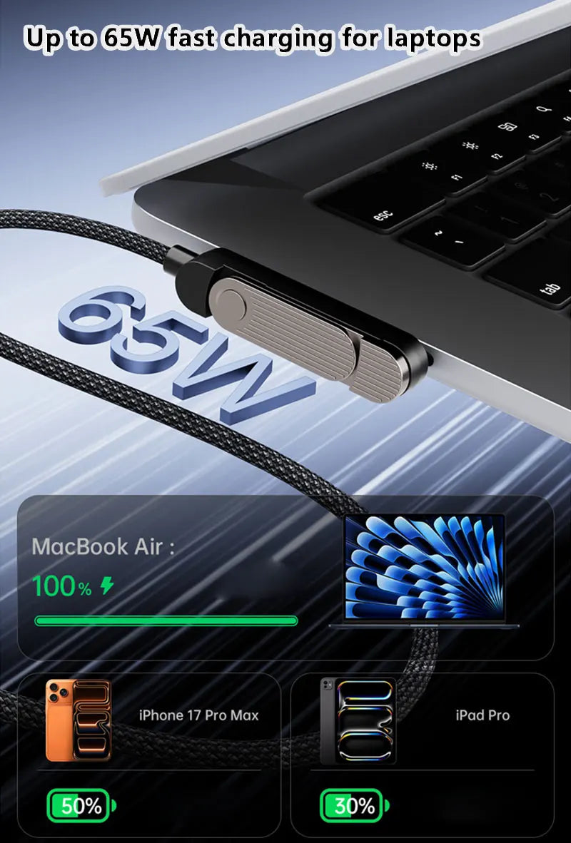 Cable de Carga Retráctil 3 en 1 de 65W con Soporte Plegable