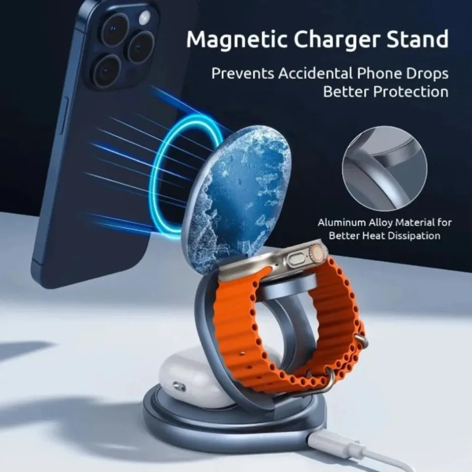 Cargador Inalámbrico Magnético de Aleación de Zinc para Magsafe iPhone 17~12 Pro Max, Apple Watch 11-2, Airpods Pro 4/3/2, Estación de Carga Rápida