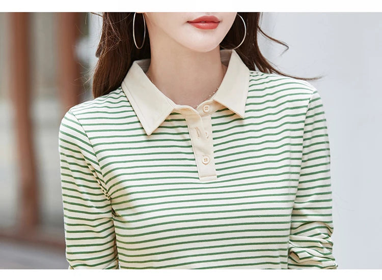 Polo de Manga Larga a Rayas de Estilo Coreano