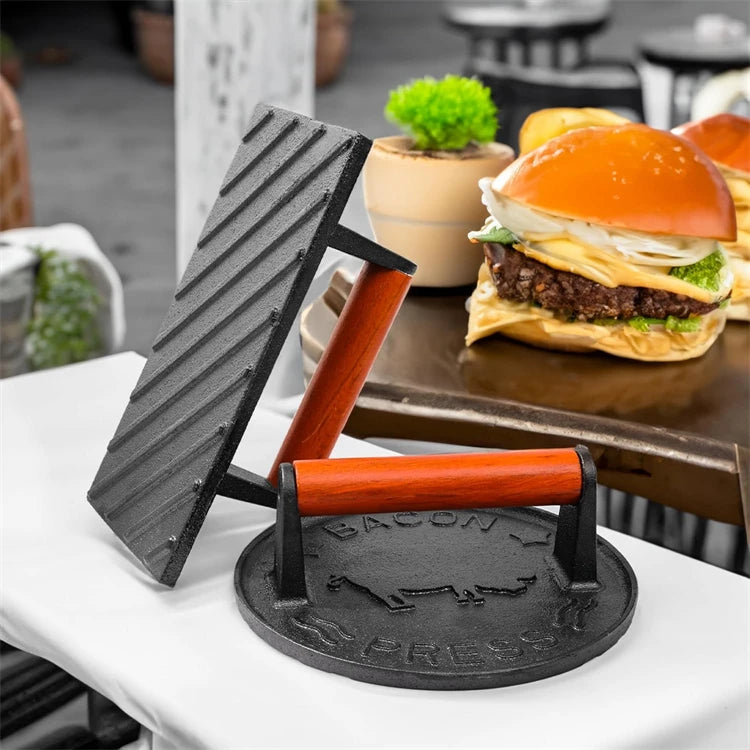 Prensa para tocino LMETJMA, prensa para parrilla de hierro fundido de alta resistencia, prensa para carne y carne con mango de madera, prensa para aplastar hamburguesas de cocina JT277