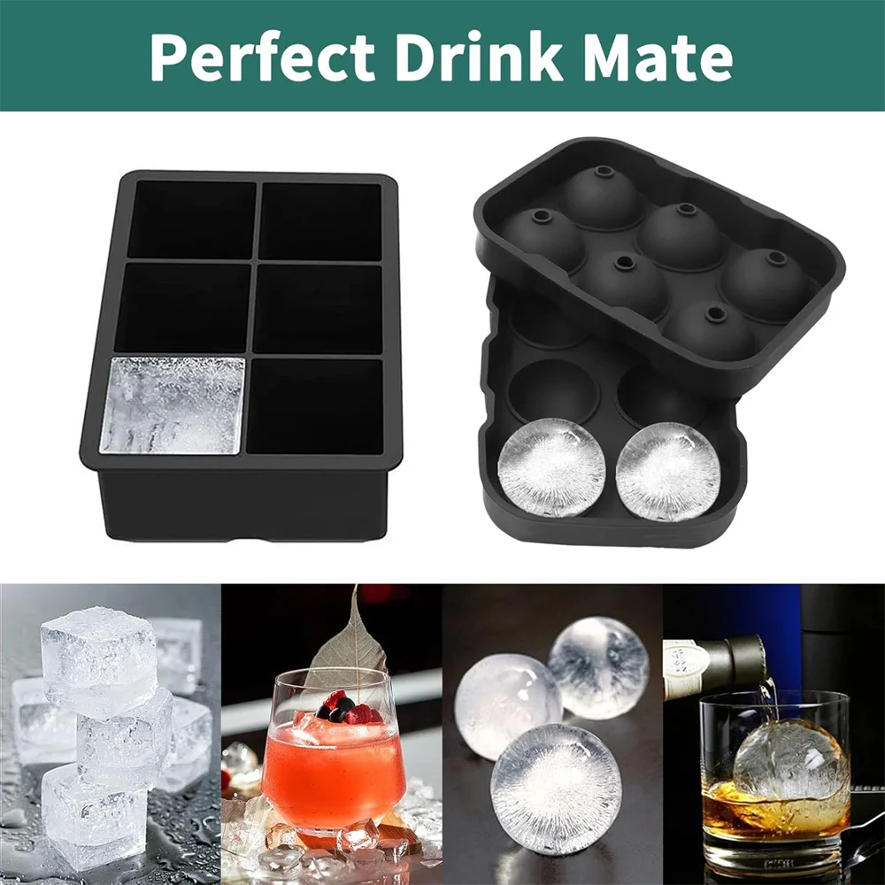 Moldes para hielo, moldes y bandejas para hielo de silicona, máquina para hacer hielo de gran tamaño en forma de esferas y cubos, perfecta para cócteles, whisky