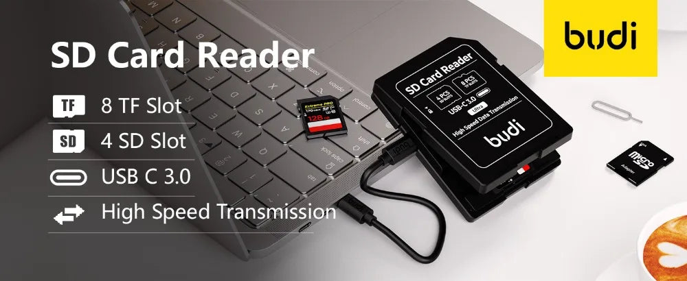 Estuche de Almacenamiento para Tarjetas de Memoria BUDI SD TF con Lector de 12 Ranuras, USB Tipo-C, Transmisión de Datos de Alta Velocidad para Fotografía Digital