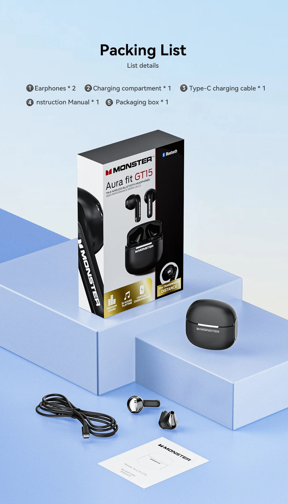 MONSTER GT15 Auriculares Bluetooth 5.4 Estéreo