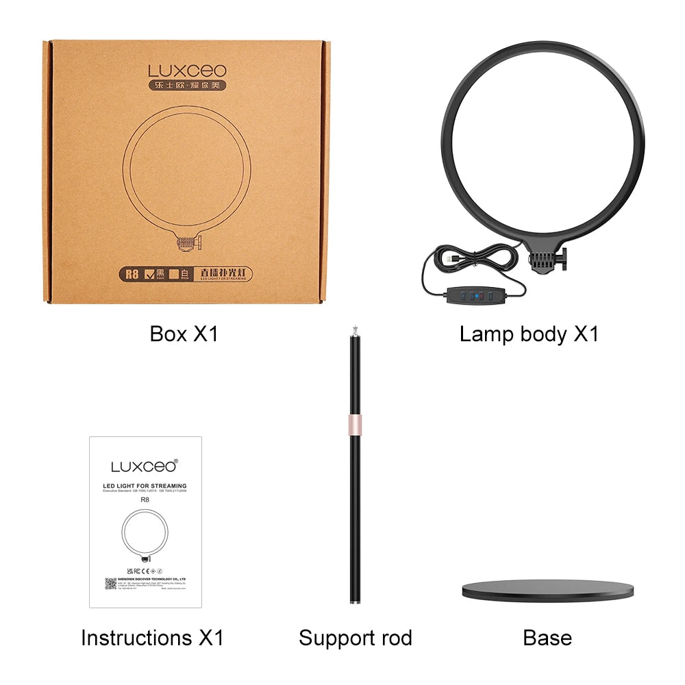 LUXCEO R8 luz LED para vídeo anillo redondo para Selfie luz regulable fotografía Panel de iluminación lámpara para sesión de conferencias en vivo con soporte