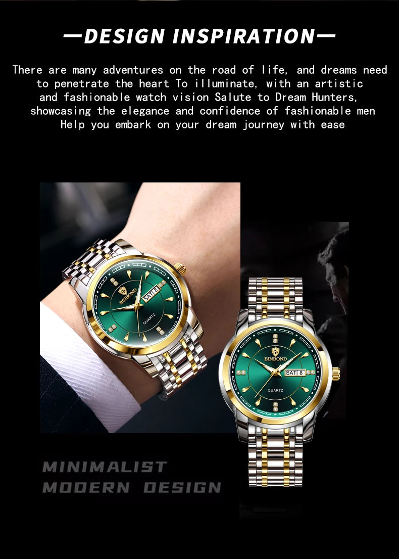 Reloj de Cuarzo BINBOND para Hombre de Negocios, Luminoso, Resistente al Agua