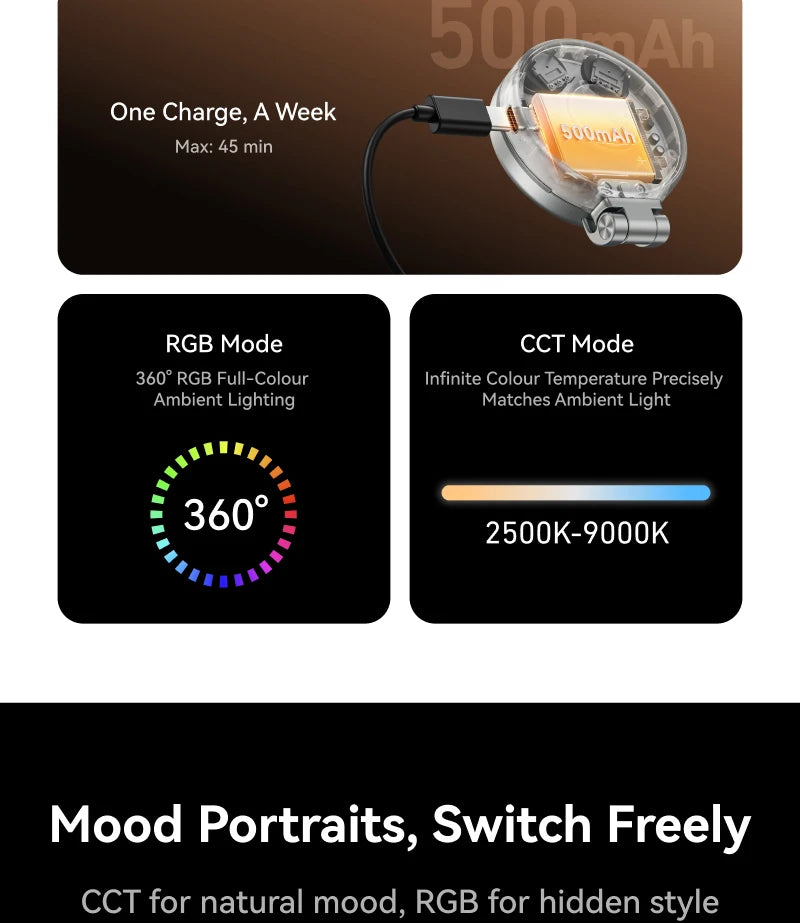 TELESIN Magnético 360 °   Mini Lámpara de Relleno RGB Giratoria, Luz para Selfies con 3 Modos de Color y Brillo Ajustables para Teléfonos Inteligentes iPhone y Android