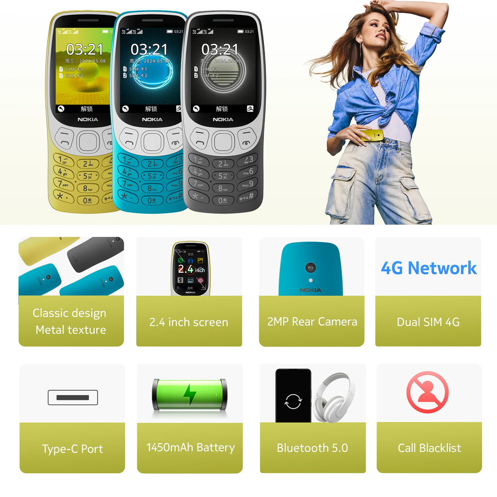 Nokia 3210 4G característica teléfono Bluetooth 5,0 Radio FM Dual SIM 2,4 "puerto tipo C 1450mAh mejor botón pulsador teléfono móvil nuevo
