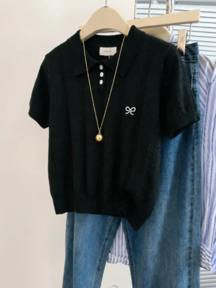 Camiseta de Punto con Cuello Polo y Bordado de Lazo, Manga Corta para Mujer