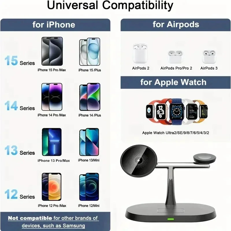 Estación de Carga Inalámbrica Magnética 3 en 1 para iPhone 17 16 15 14 Pro Max, Apple Watch 9 8, Airpods Pro, Base de Carga Macsafe