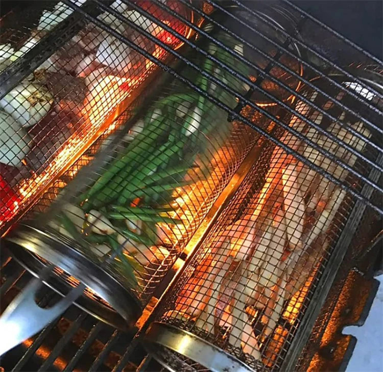 Tubo de red para barbacoa, cesta rodante portátil para asar, cesta cilíndrica de malla de alambre de acero inoxidable para barbacoa al aire libre, Camping JT462