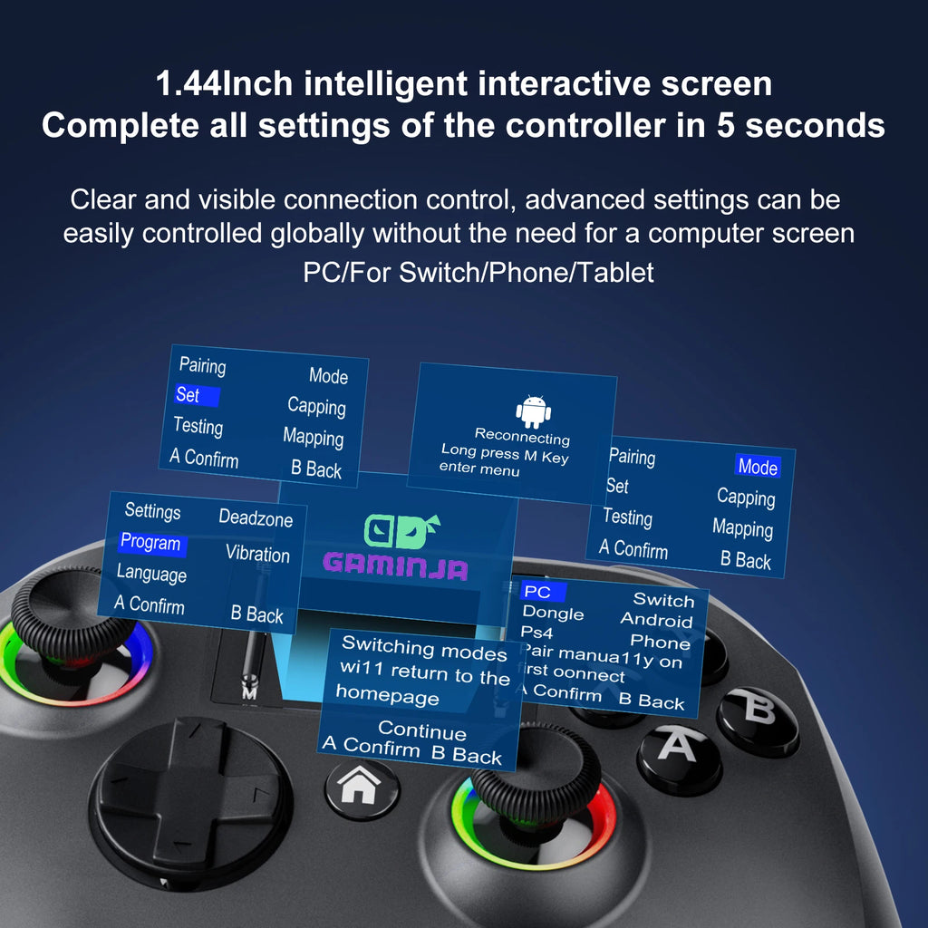 GAMINJA 6162 controlador inalámbrico de pantalla inteligente de 1,44 pulgadas para Switch P4 iOS Android PC TV doble Hall Joystick calibración luz RGB