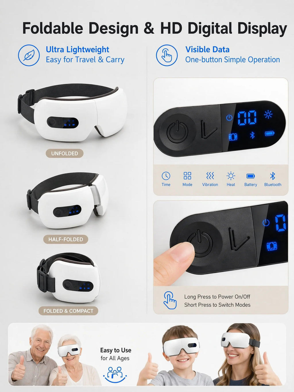 Masajeador de Ojos Inalámbrico con Compresas Calientes y Bluetooth