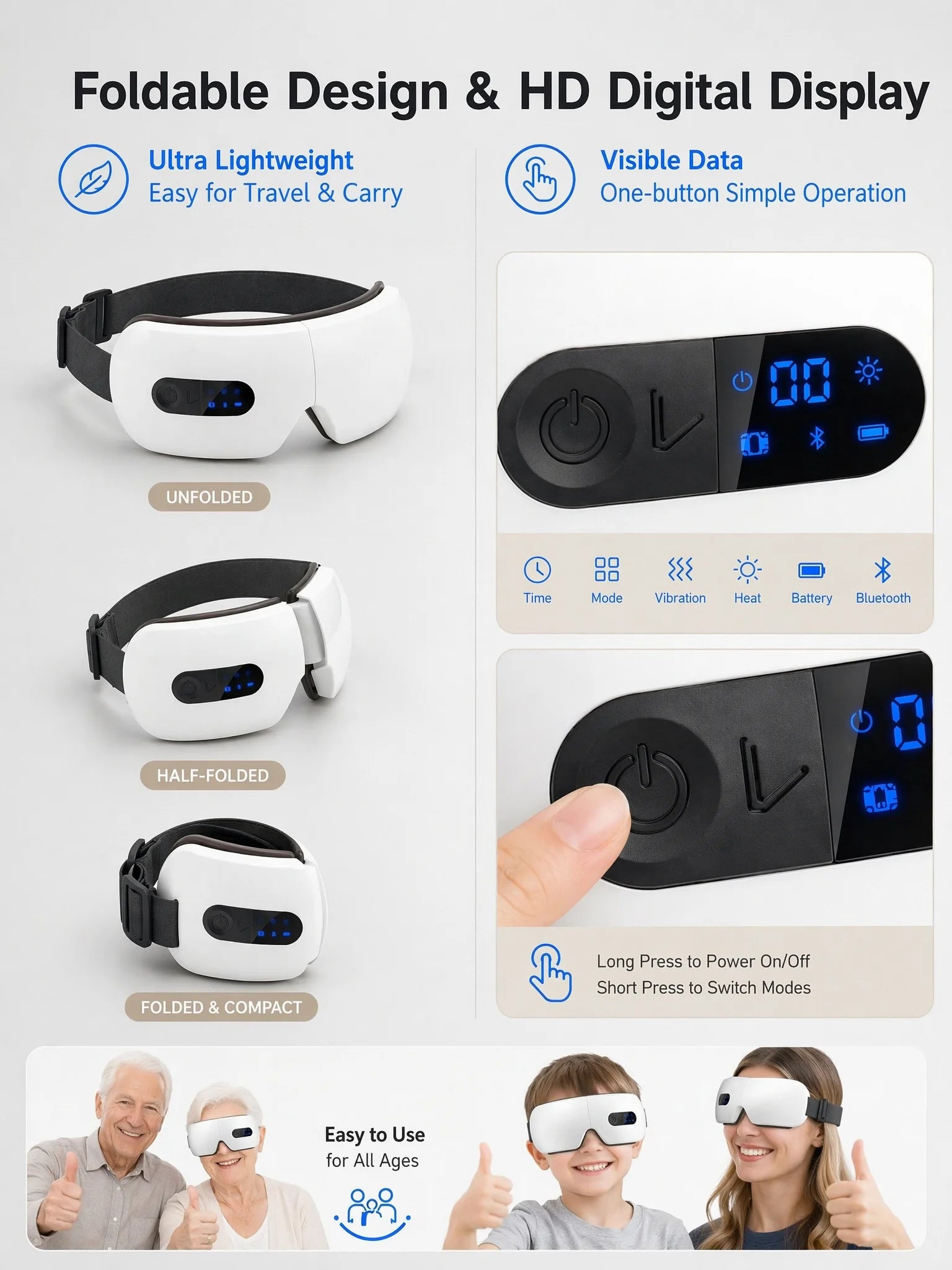 Masajeador de Ojos Inalámbrico con Compresas Calientes y Bluetooth