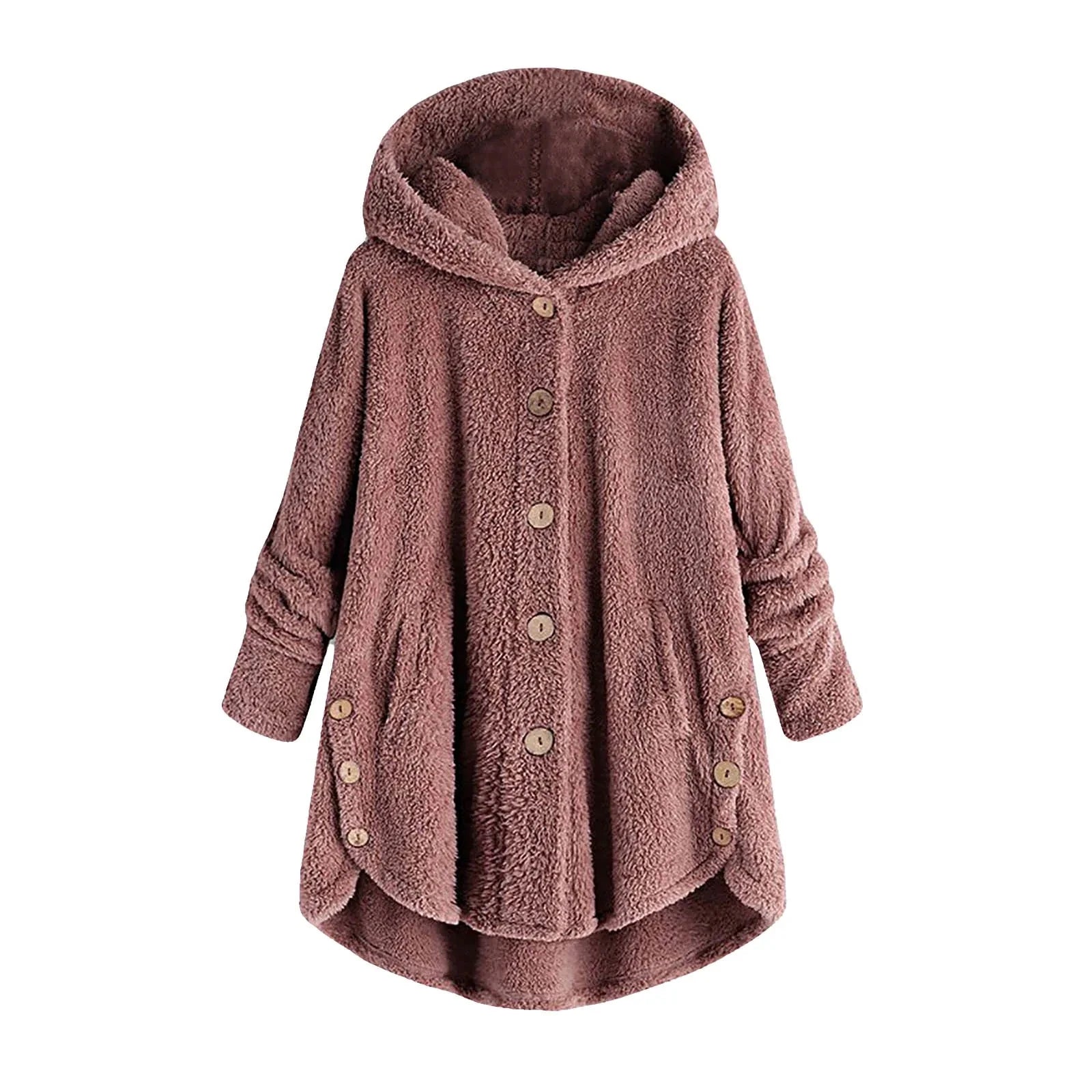 Abrigo de felpa con capucha para mujer, color sólido