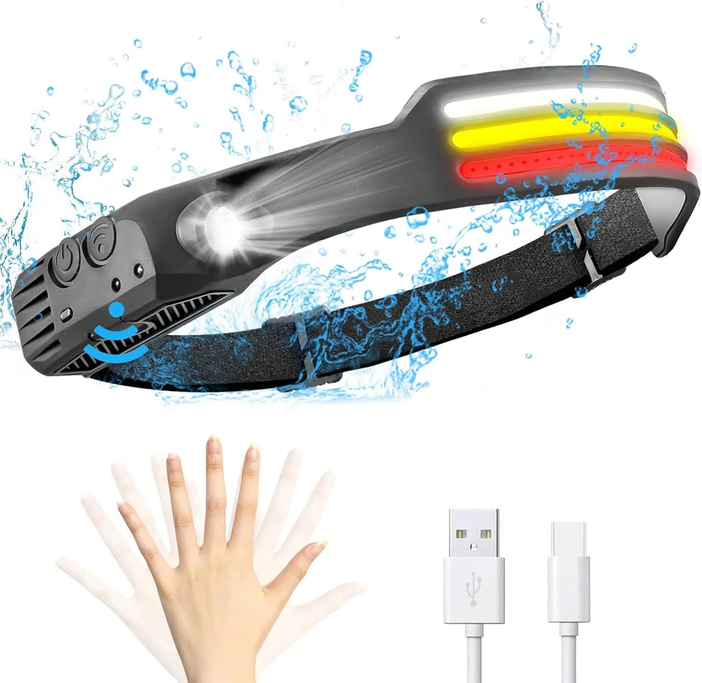 Linterna Frontal LED COB Recargable USB, 10 Modos, IPX4