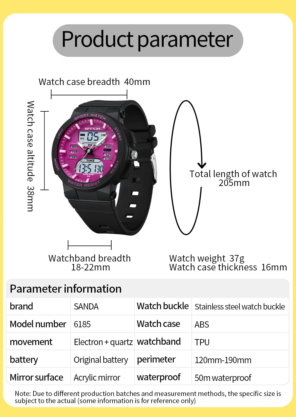 Reloj Digital LED SANDA 6185 para Mujer Pantalla Dual Resistente al Agua