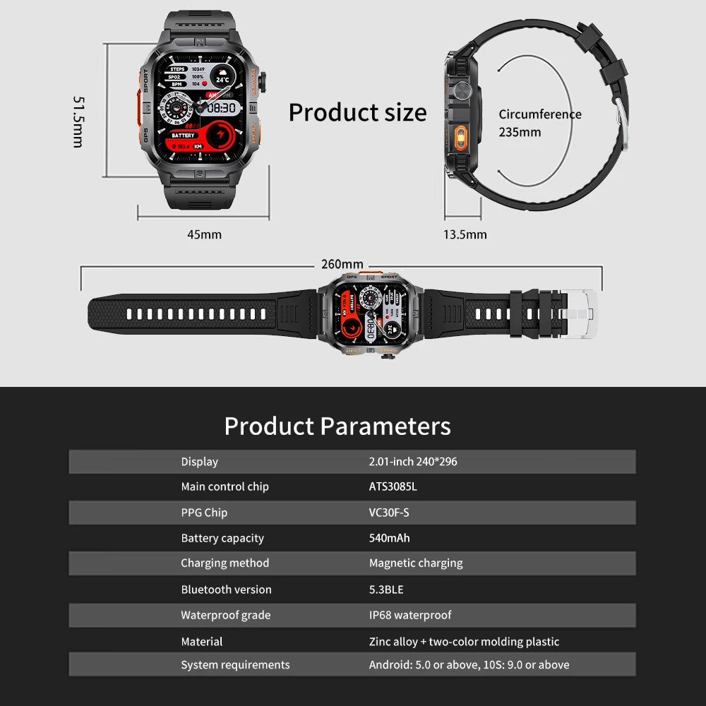 Reloj Inteligente Militar con GPS, LED, Brújula e IP68