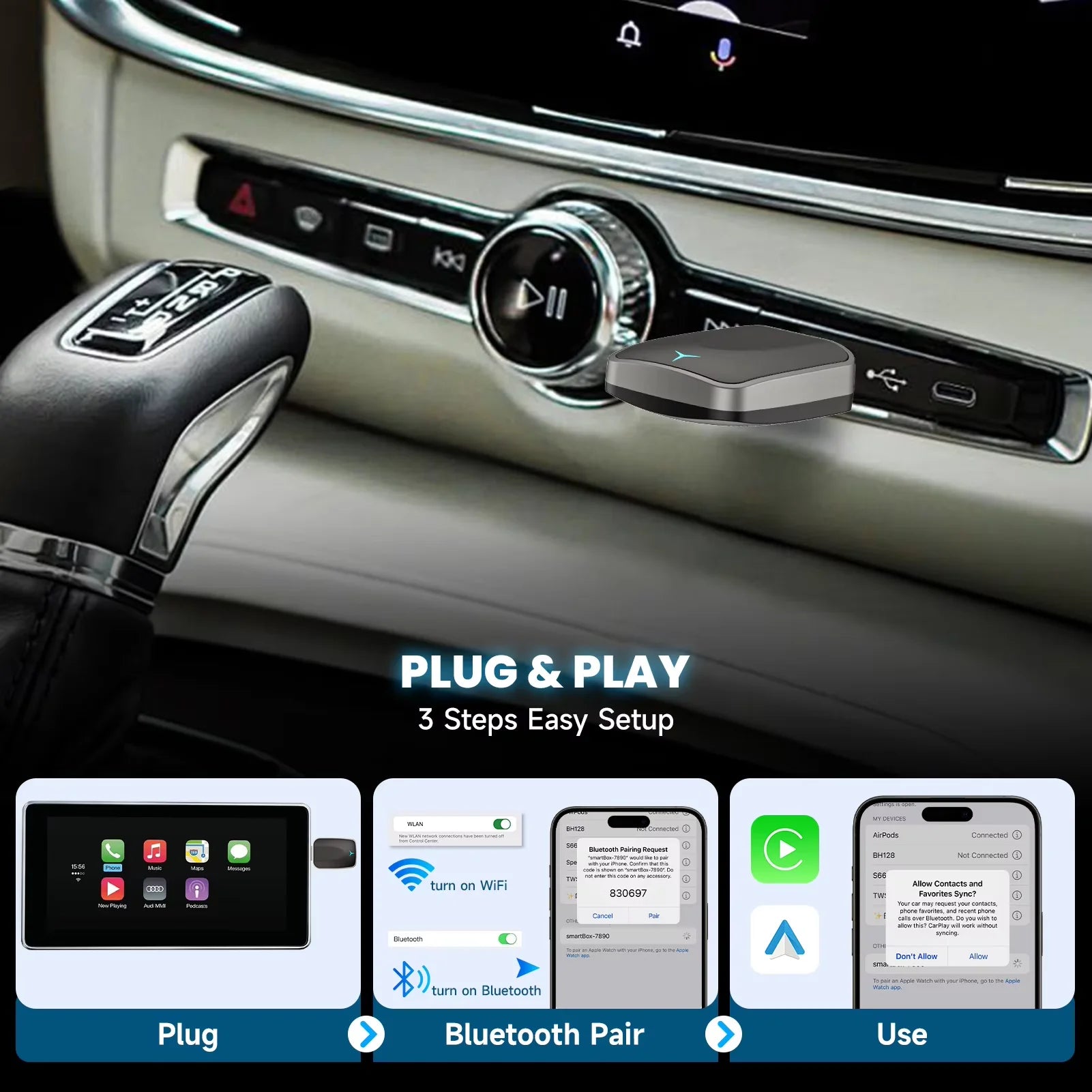 Adaptador Spedal 2 en 1 con cable a inalámbrico CarPlay y adaptador inalámbrico Android Auto Plug & Play