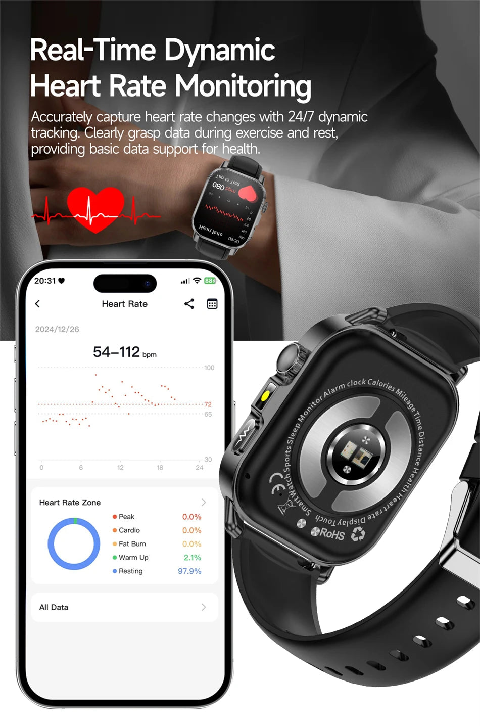 Reloj Inteligente ECG con Diagnóstico Preciso de Salud, Presión Arterial y Ácido Úrico