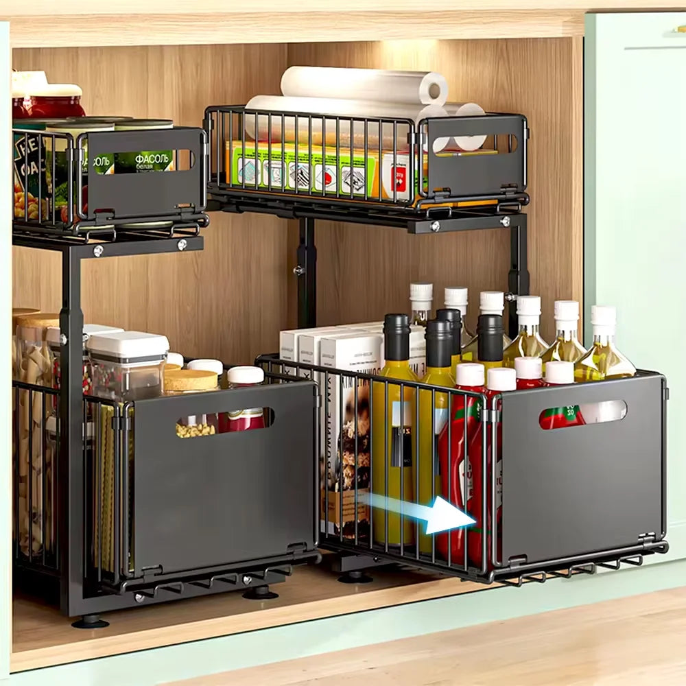 Organizador de gabinete extraíble de 2 niveles, estante de almacenamiento de cocina ajustable, organizador debajo del fregadero, estante de almacenamiento para tarros de especias, cajón deslizante
