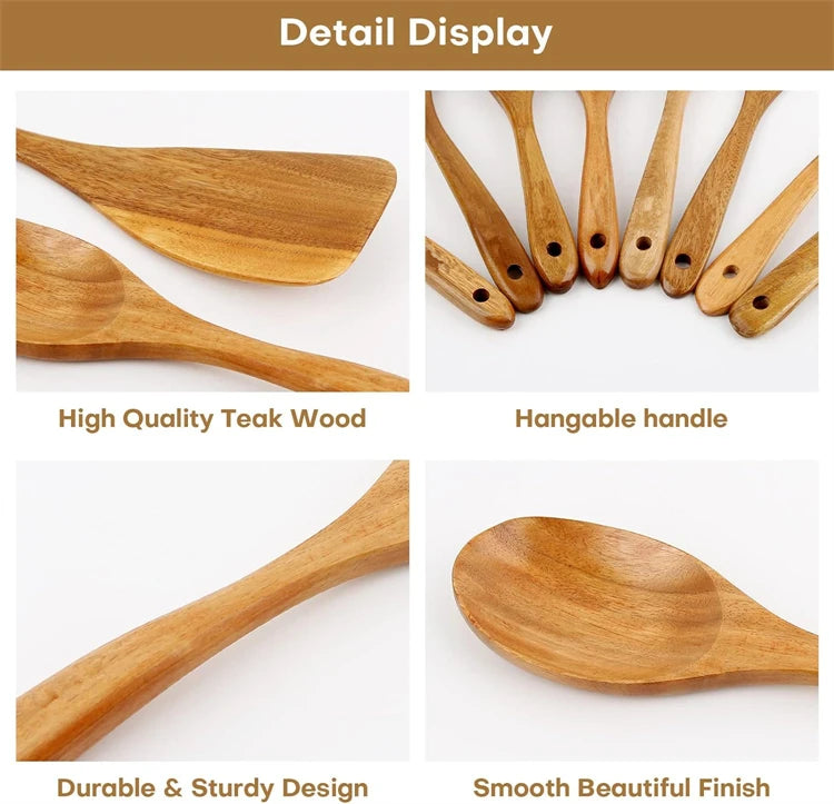 LMETJMA Paquete de 10 utensilios de cocina de madera de teca Natural, juego de utensilios de cocina con espátula y cucharas de madera para cocinar y hornear JT503