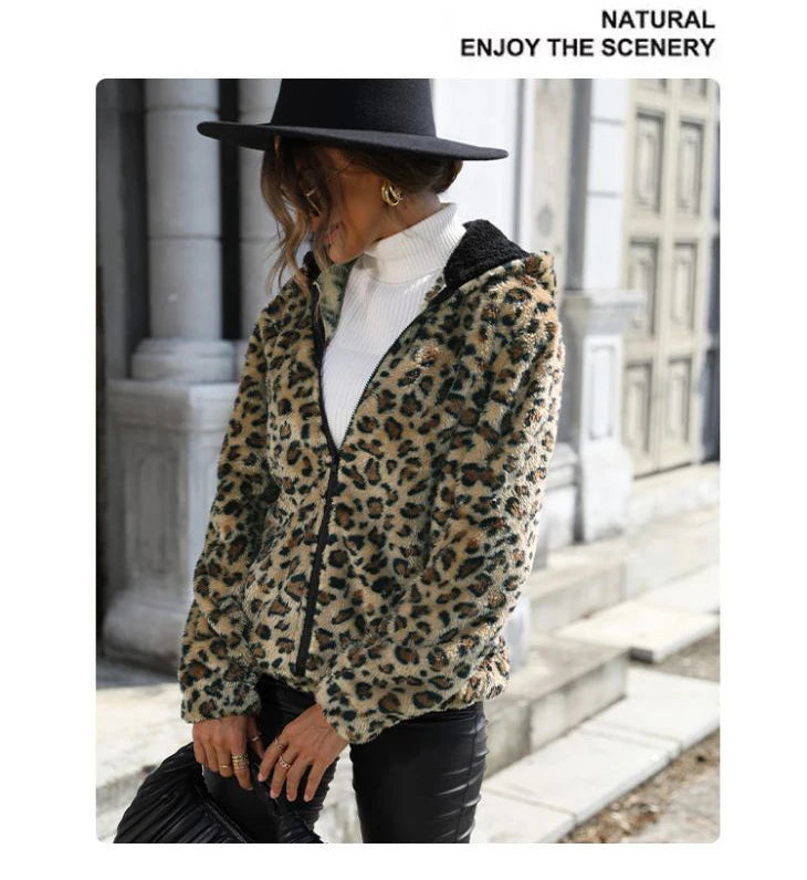 Otoño Invierno mujer moda abrigos con capucha manga larga estampado de leopardo de doble cara de felpa suelta cálida chaqueta gruesa abrigo con cremallera para mujer