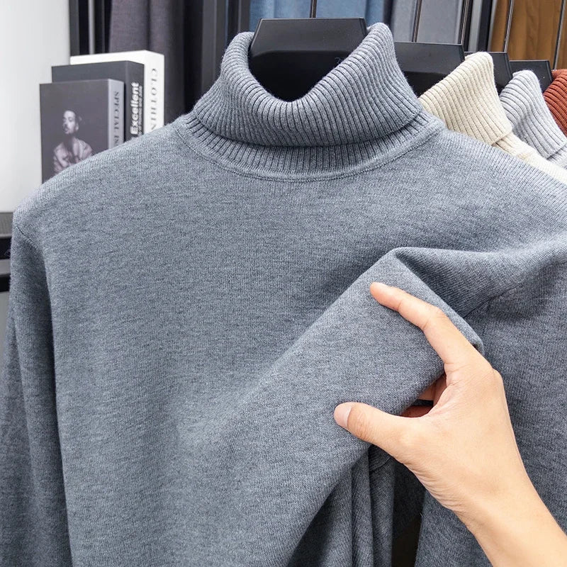 Otoño para hombre de alta calidad de punto suéter de cuello alto ajustado de manga larga anti-pilling jersey Color sólido tendencia hombres Streetwea
