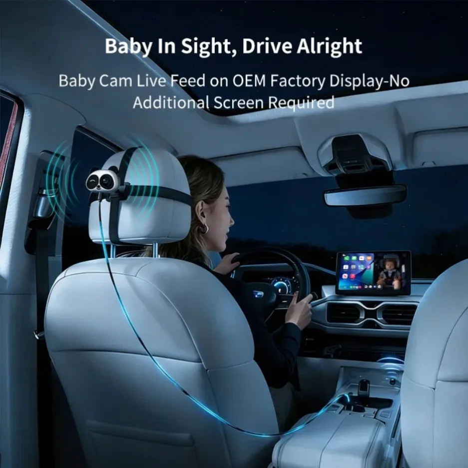 Adaptador Inalámbrico CarPlay Cabin Care, Cámara para Auto HD 1080P para Bebés, 150 °   Monitor de visión nocturna gran angular con pantalla dividida para el asiento trasero