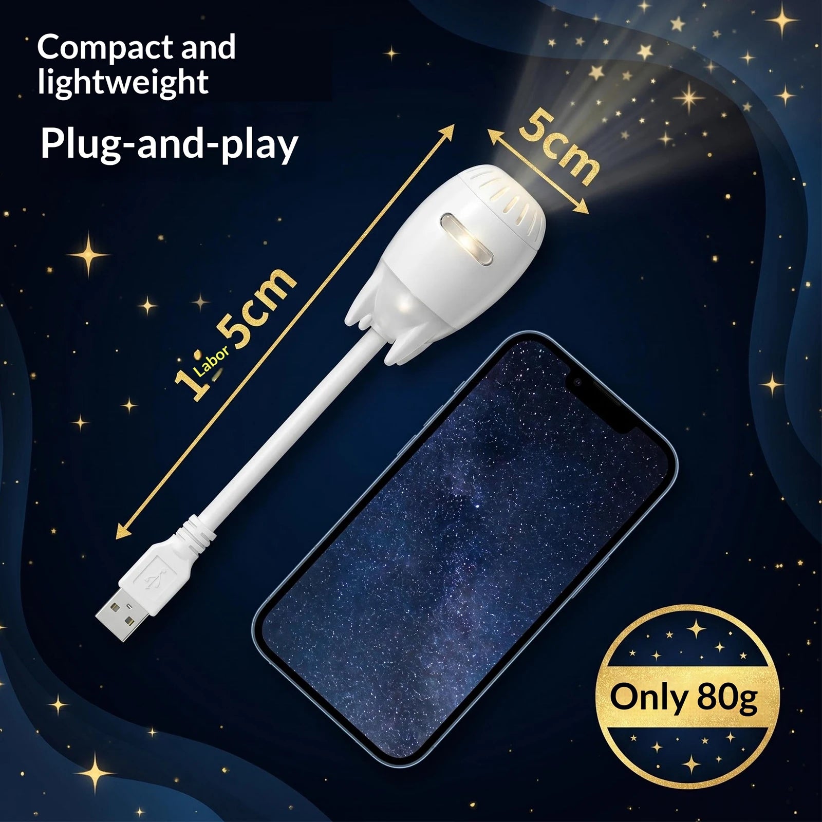 Luz Ambiental USB Portátil 360 °   Proyector de Atmósfera Ajustable, Lámpara de Proyección de Estrellas con Intensidad Regulable para Dormitorio y Mesita de Noche