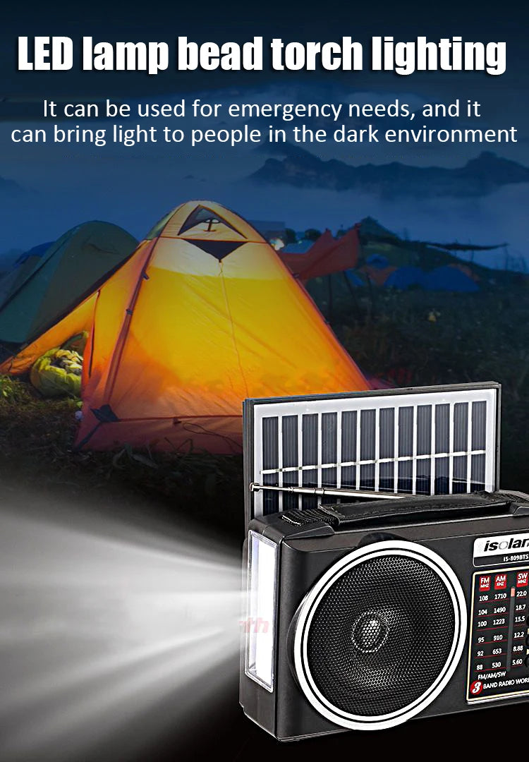 Radio portátil FM/AM/SW solar de emergencia con altavoz Bluetooth