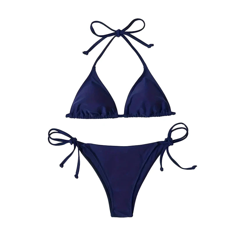 Conjunto de Bikini con Tanga para mujer, traje de baño Sexy de color azul marino, trajes de baño sexys, Bikinis con vendaje triangular, ropa de playa femenina 2 uds.