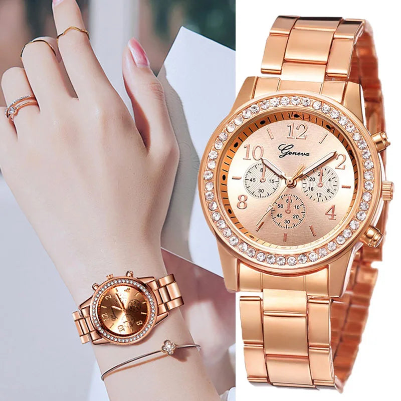 Reloj dorado para mujer Geneva, reloj clásico de acero inoxidable para mujer, relojes de cuarzo con diamantes de imitación a la moda, reloj de pulsera para mujer y niña