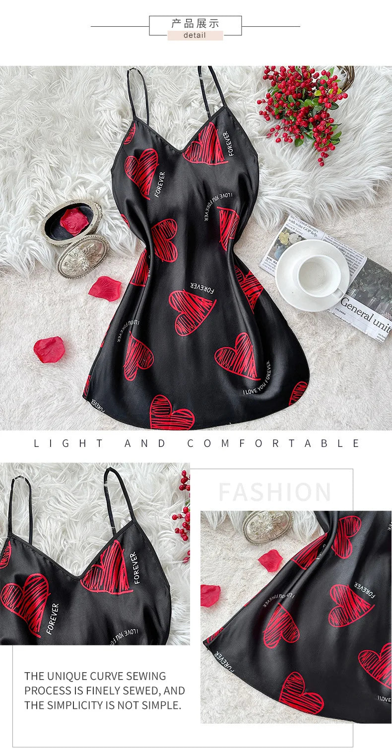 Camisón de Satén con Estampado de Labios | Mini Vestido de Dormir