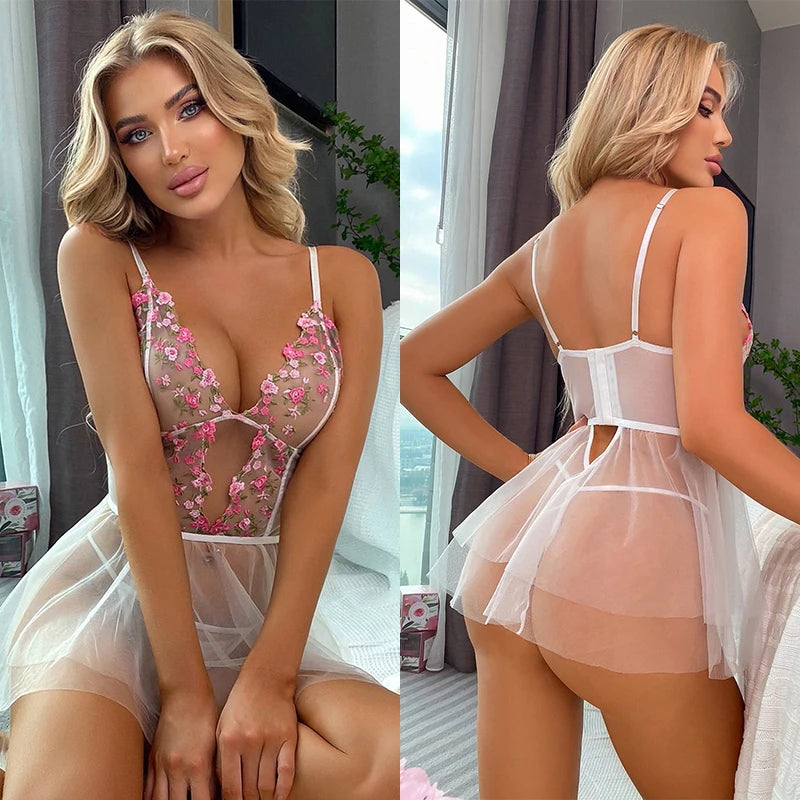 Camisón Transparente con Bordado Floral y Encaje Sexy para Mujer